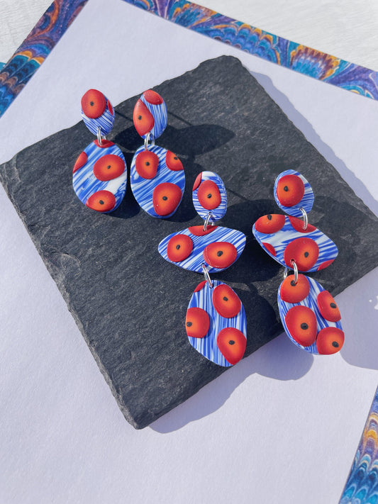 Red Poppies on Blue Drop Earrings